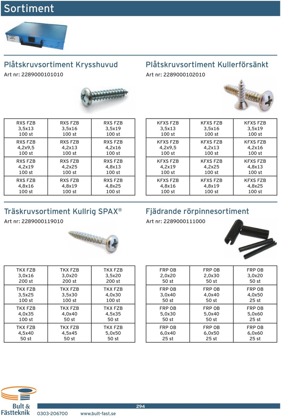 RXS FZB 4,8x16 RXS FZB 4,8x19 RXS FZB 4,8x25 KFXS FZB 4,8x16 KFXS FZB 4,8x19 KFXS FZB 4,8x25 Träskruvsortiment Kullrig SPAX Art nr: 2289000119010 Fjädrande rörpinnesortiment Art nr: 2289000111000 TKX