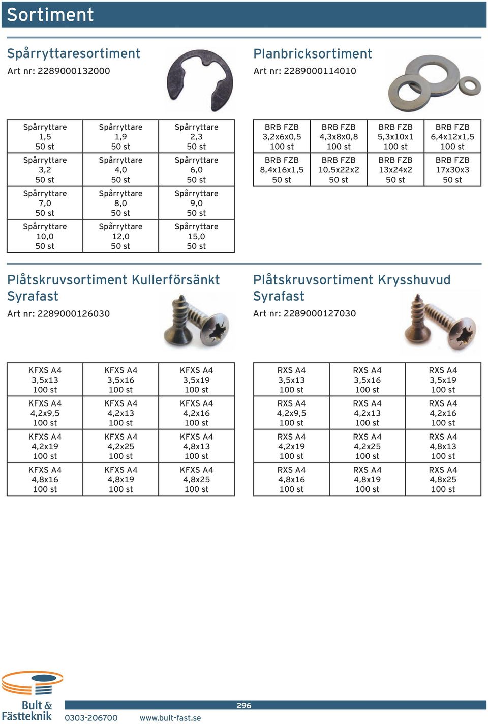 Spårryttare 12,0 Spårryttare 15,0 Plåtskruvsortiment Kullerförsänkt Syrafast Art nr: 2289000126030 Plåtskruvsortiment Krysshuvud Syrafast Art nr: 2289000127030 KFXS A4 3,5x13 KFXS A4 3,5x16 KFXS A4