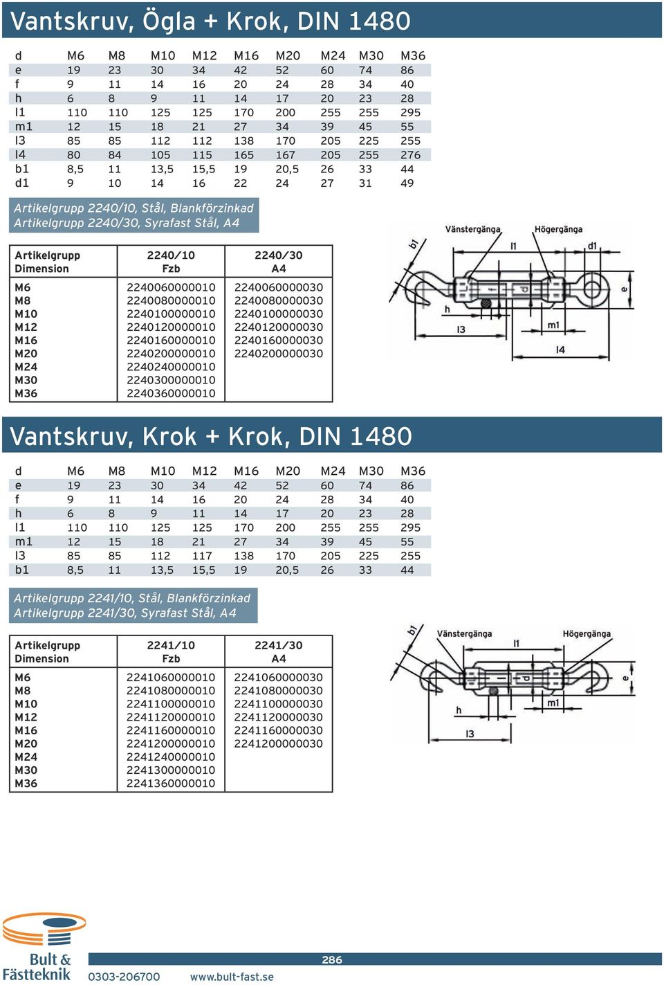 Syrafast Stål, A4 M6 M8 M10 M12 M16 M20 M24 M30 M36 2240/10 2240060000010 2240080000010 2240100000010 2240120000010 2240160000010 2240200000010 2240240000010 2240300000010 2240360000010 2240/30 A4