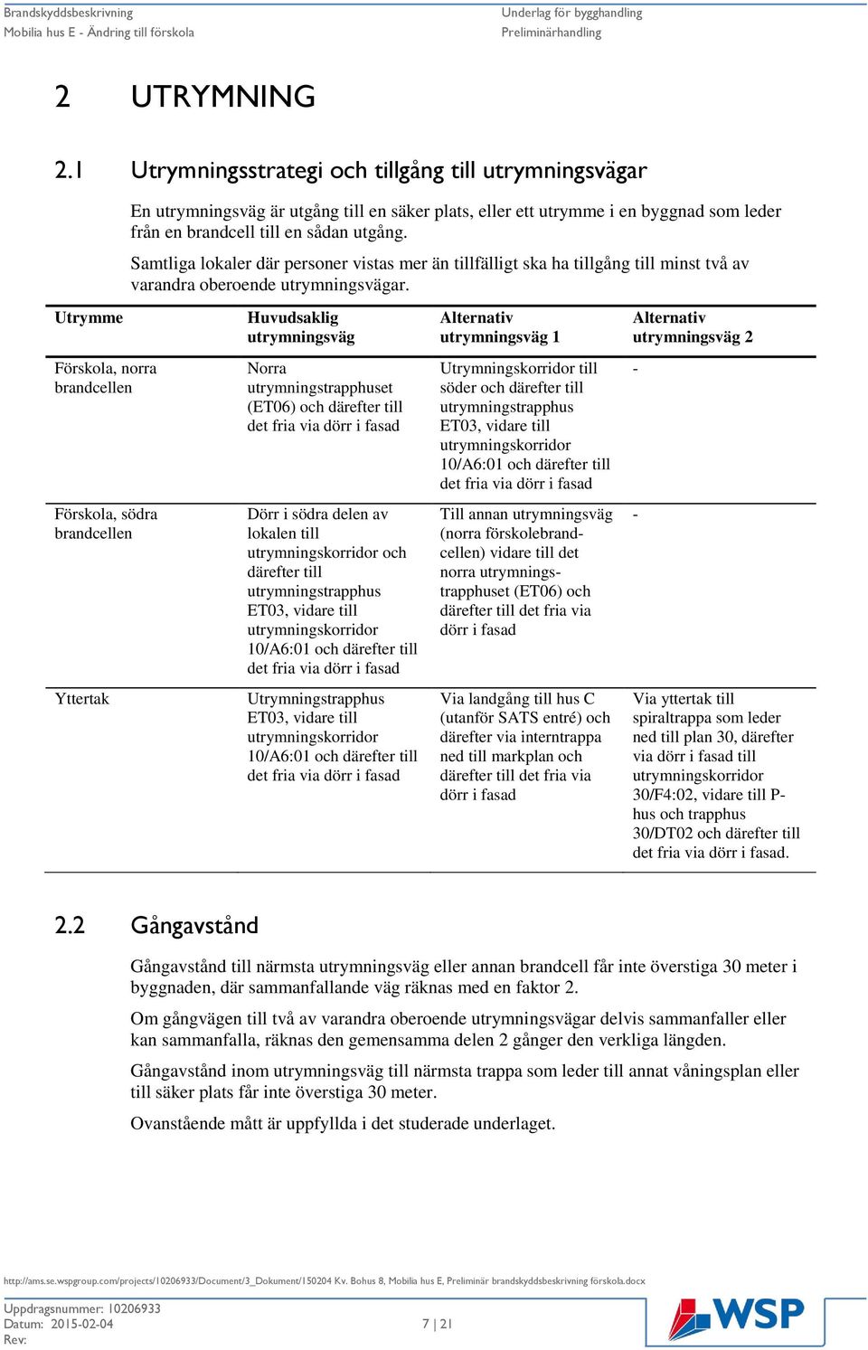 Utrymme Huvudsaklig utrymningsväg Alternativ utrymningsväg 1 Alternativ utrymningsväg 2 Förskola, norra brandcellen Norra utrymningstrapphuset (ET06) och därefter till det fria via dörr i fasad