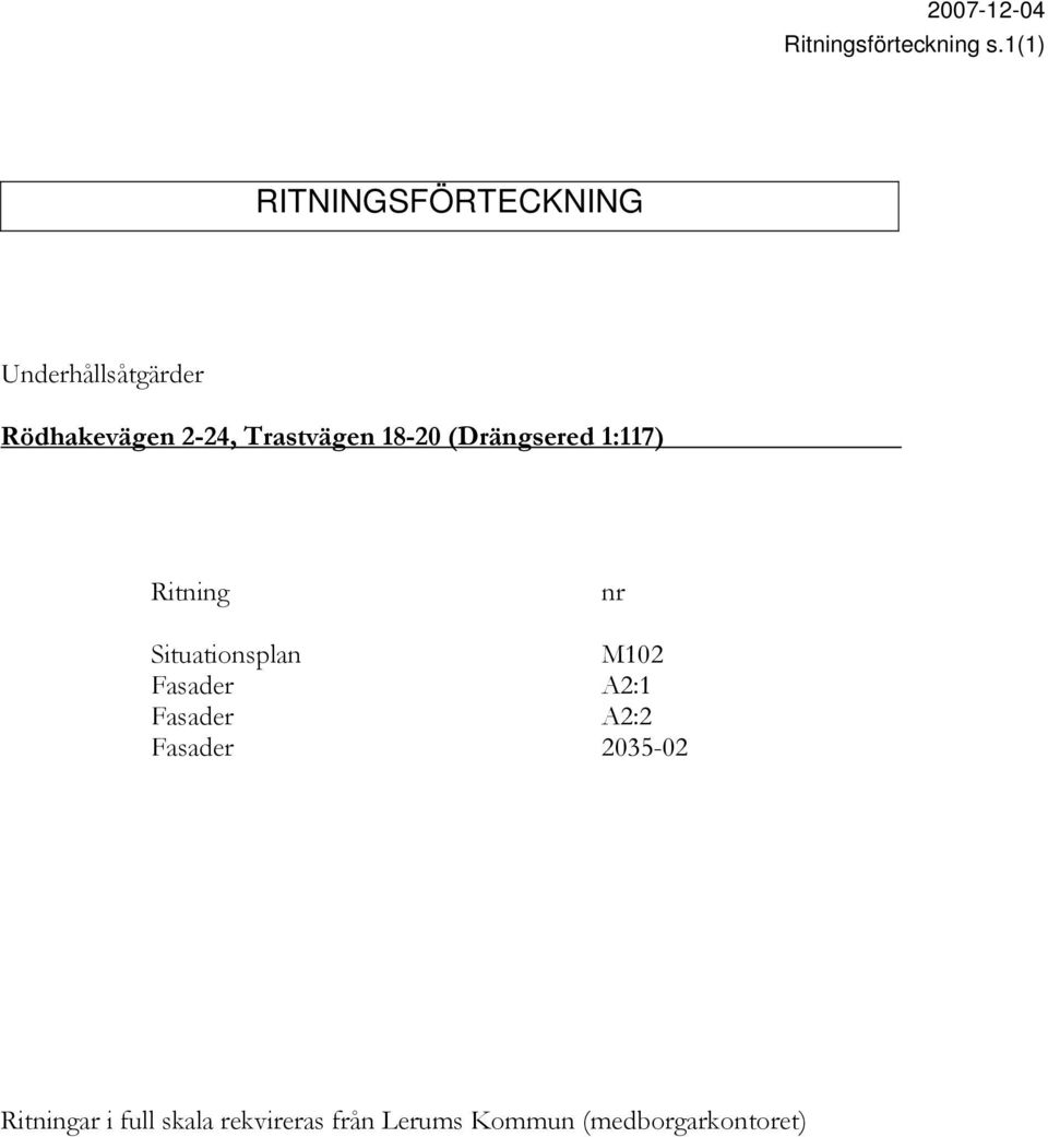 Trastvägen 18-20 (Drängsered 1:117) Ritning nr Situationsplan M102