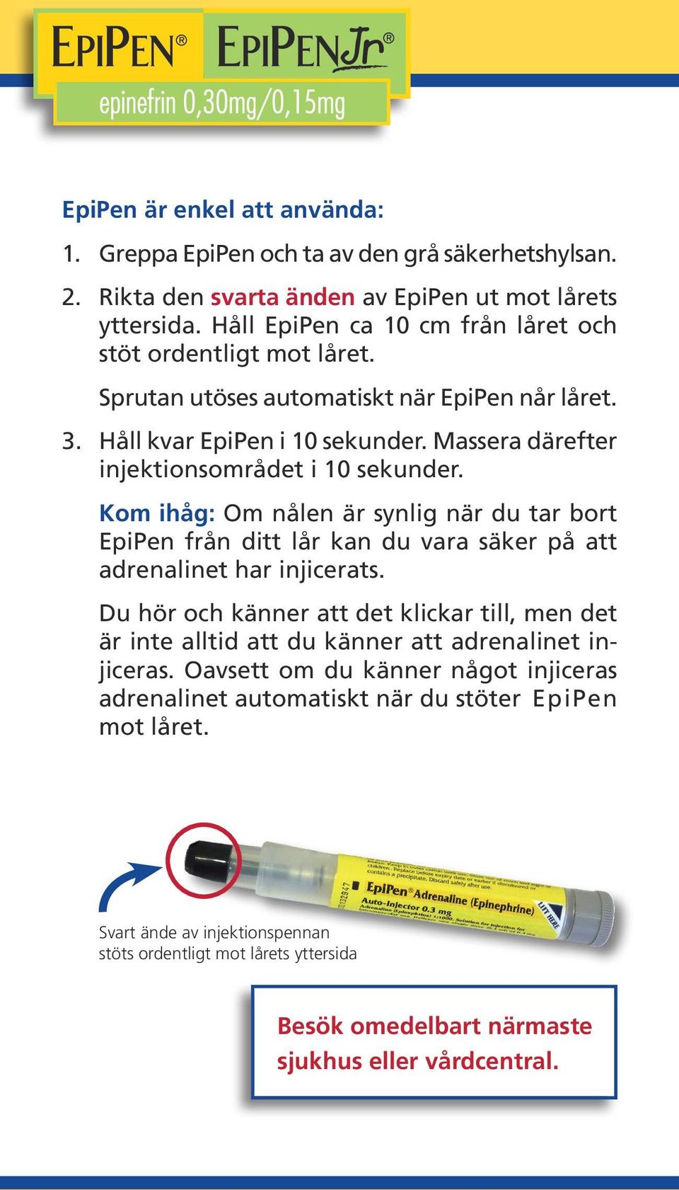 Massera därefter injektionsområdet i 10 sekunder. Kom ihåg: Om nålen är synlig när du tar bort EpiPen från ditt lår kan du vara säker på att adrenalinet har injicerats.