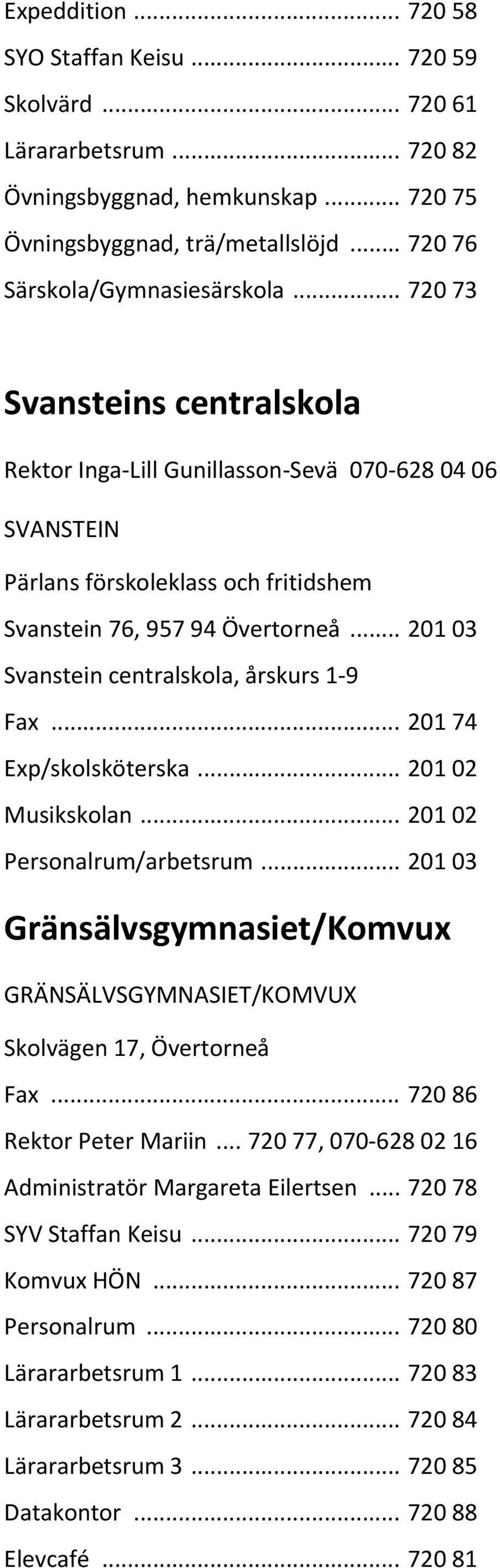 .. 201 03 Svanstein centralskola, årskurs 1 9 Fax... 201 74 Exp/skolsköterska... 201 02 Musikskolan... 201 02 Personalrum/arbetsrum.