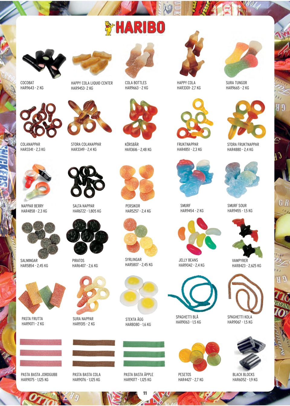 KG JELLY BEANS HAR9042-2,4 KG PASTA FRUTTA HAR9071-2 KG SURA NAPPAR HAR9315-2 KG STEKTA ÄGG HAR8080-1,6 KG PASTA BASTA JORDGUBB HAR9075-1,125 KG PASTA BASTA COLA HAR9076-1,125 KG PASTA BASTA ÄPPLE