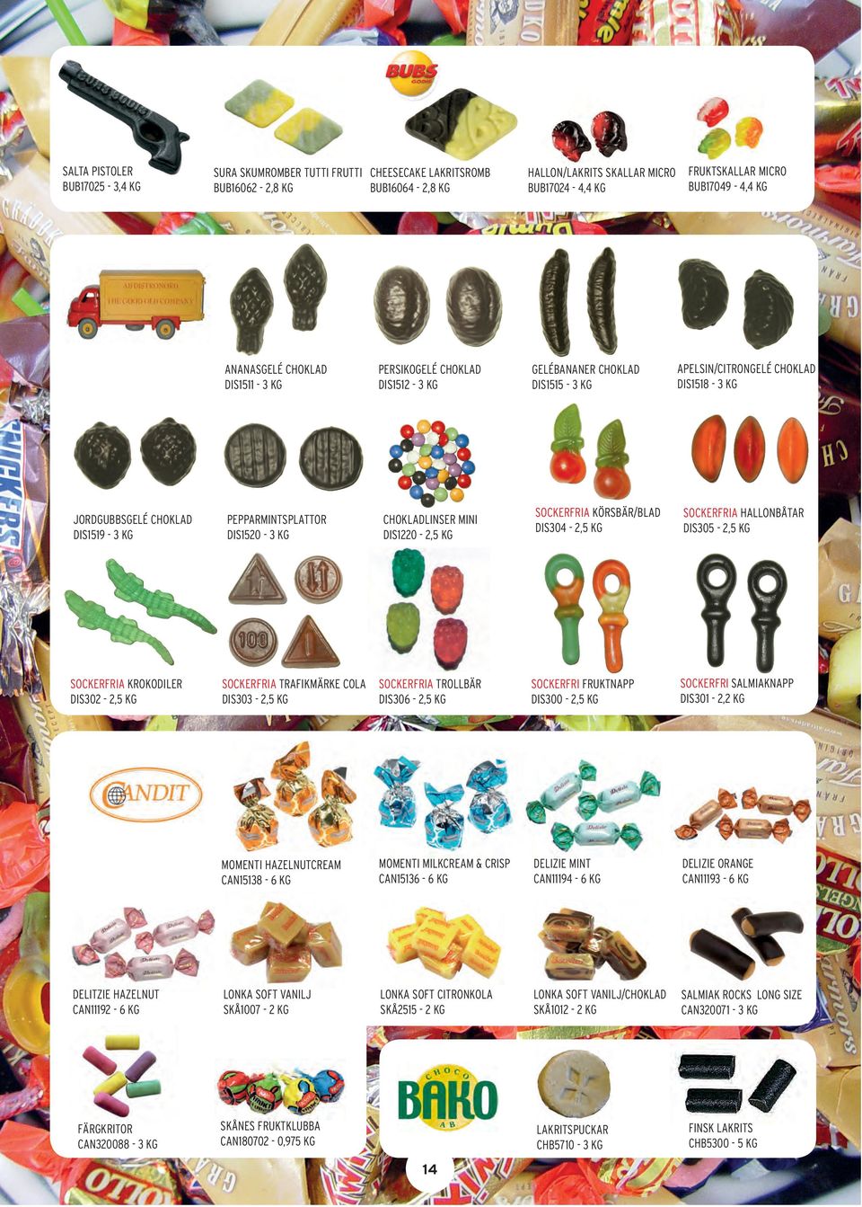SOCKERFRIA KÖRSBÄR/BLAD DIS304-2,5 KG APELSIN/CITRONGELÉ CHOKLAD DIS1518-3 KG SOCKERFRIA HALLONBÅTAR DIS305-2,5 KG SOCKERFRIA TRAFIKMÄRKE COLA DIS303-2,5 KG SOCKERFRIA TROLLBÄR DIS306-2,5 KG