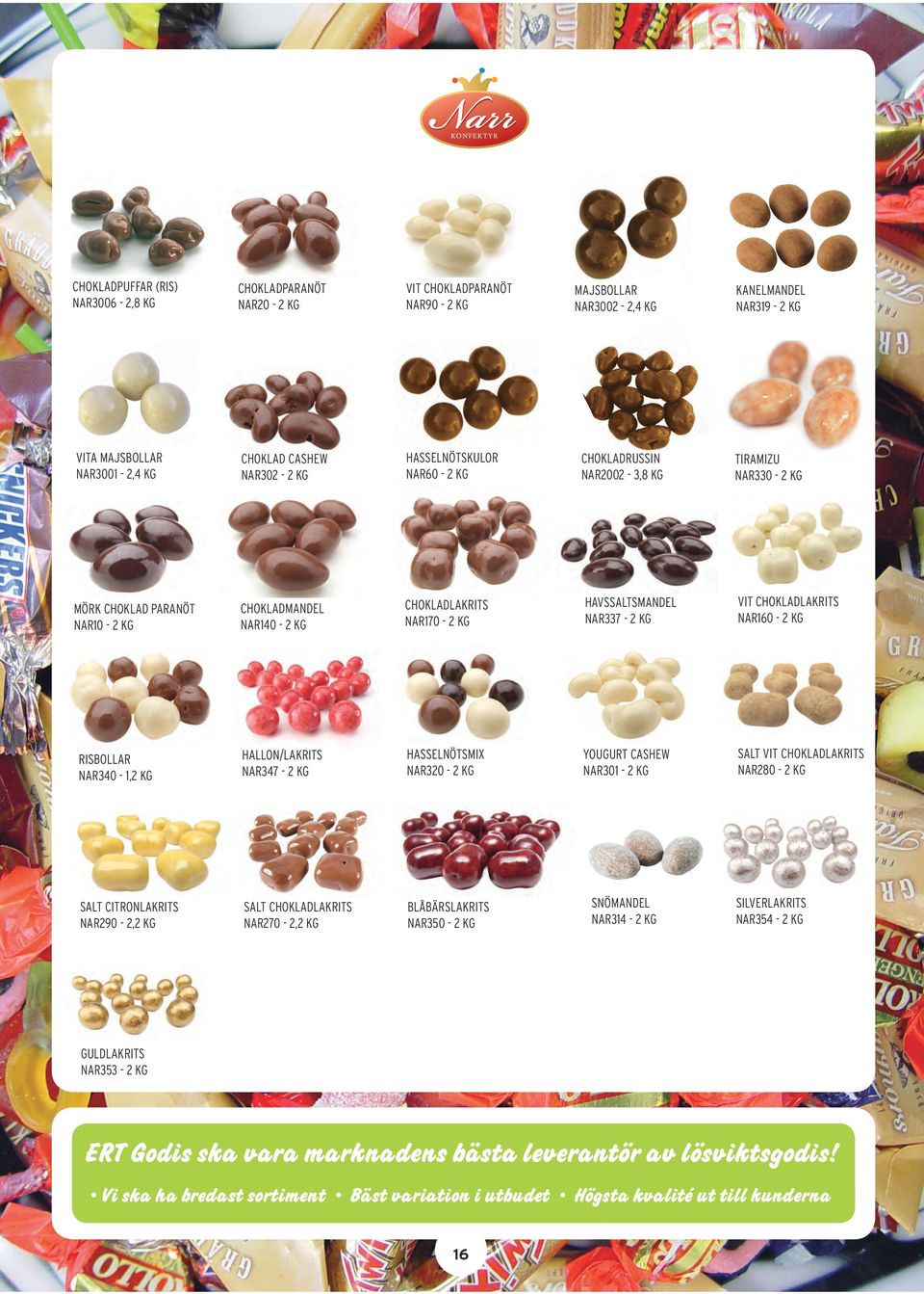NAR340-1,2 KG HALLON/LAKRITS NAR347-2 KG HASSELNÖTSMIX NAR320-2 KG YOUGURT CASHEW NAR301-2 KG SALT VIT CHOKLADLAKRITS NAR280-2 KG SALT CITRONLAKRITS NAR290-2,2 KG SALT CHOKLADLAKRITS NAR270-2,2 KG