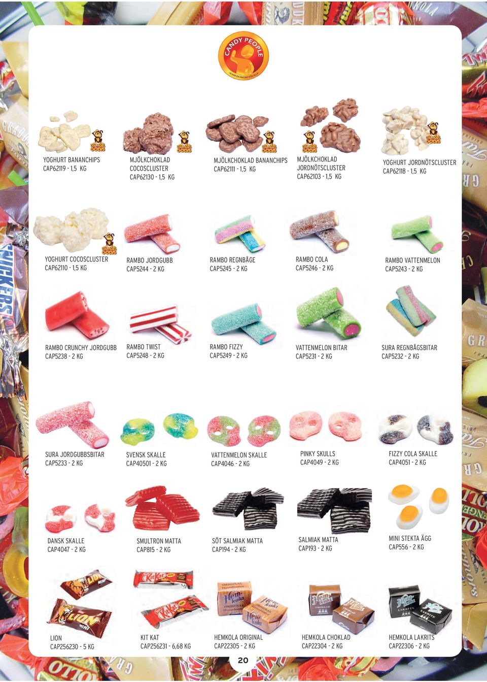 CAP5249-2 KG VATTENMELON BITAR CAP5231-2 KG SURA JORDGUBBSBITAR CAP5233-2 KG SVENSK SKALLE CAP40501-2 KG VATTENMELON SKALLE CAP4046-2 KG PINKY SKULLS CAP4049-2 KG FIZZY COLA SKALLE CAP4051-2 KG SÖT