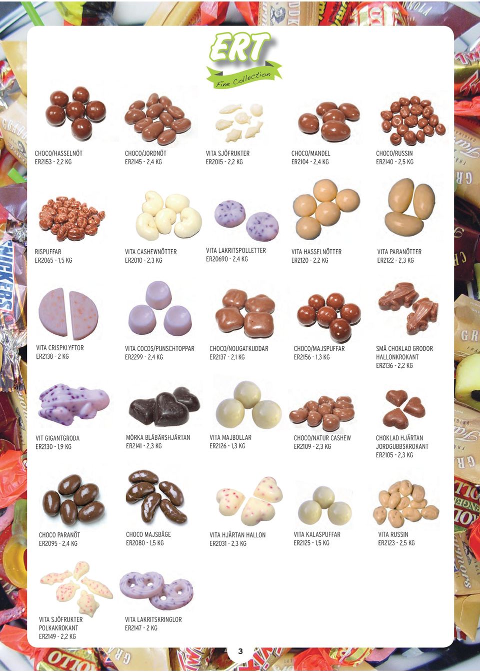 CHOCO/NOUGATKUDDAR ER2137-2,1 KG CHOCO/MAJSPUFFAR ER2156-1,3 KG SMÅ CHOKLAD GRODOR HALLONKROKANT ER2136-2,2 KG VIT GIGANTGRODA ER2130-1,9 KG MÖRKA BLÅBÄRSHJÄRTAN ER2141-2,3 KG VITA MAJBOLLAR
