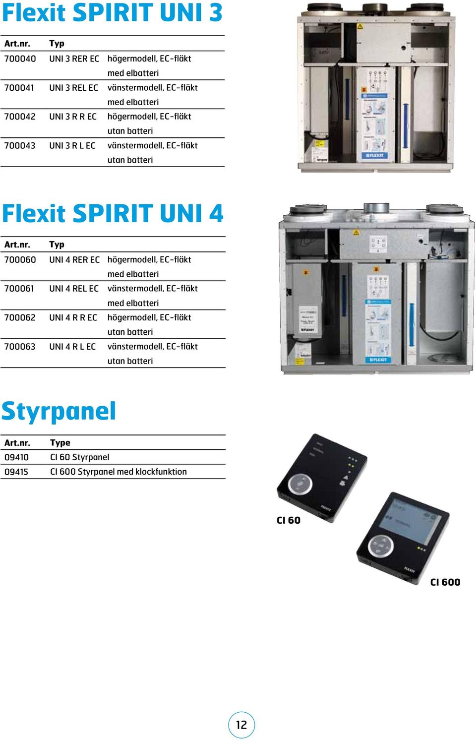 EC-fläkt utan batteri 743 UNI 3 R L EC vänstermodell, EC-fläkt utan batteri Flexit SPIRIT UNI 4 Art.nr.