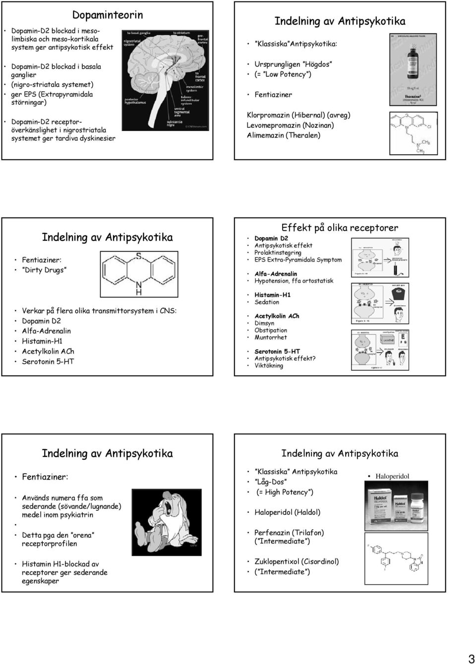 (Hibernal) (avreg) Levomepromazin (Nozinan) Alimemazin (Theralen) Fentiaziner: Dirty Drugs Indelning av Antipsykotika Verkar på flera olika transmittorsystem i CNS: Dopamin D2 Alfa-Adrenalin