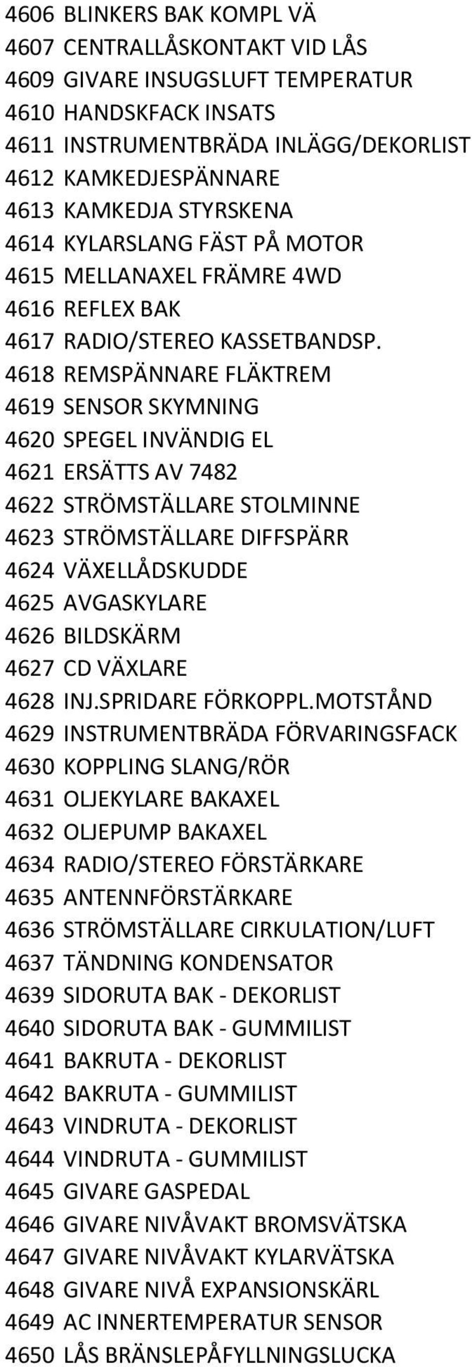 4618 REMSPÄNNARE FLÄKTREM 4619 SENSOR SKYMNING 4620 SPEGEL INVÄNDIG EL 4621 ERSÄTTS AV 7482 4622 STRÖMSTÄLLARE STOLMINNE 4623 STRÖMSTÄLLARE DIFFSPÄRR 4624 VÄXELLÅDSKUDDE 4625 AVGASKYLARE 4626