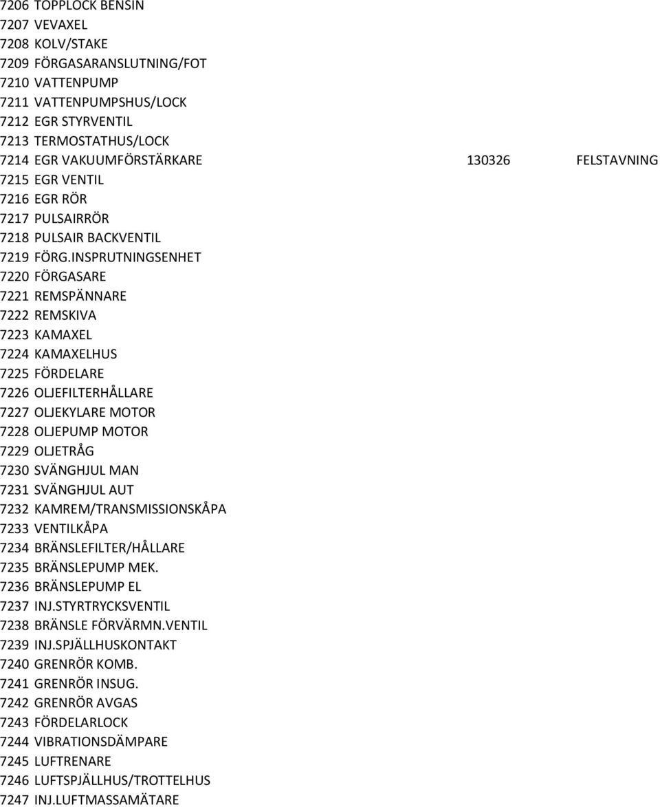 INSPRUTNINGSENHET 7220 FÖRGASARE 7221 REMSPÄNNARE 7222 REMSKIVA 7223 KAMAXEL 7224 KAMAXELHUS 7225 FÖRDELARE 7226 OLJEFILTERHÅLLARE 7227 OLJEKYLARE MOTOR 7228 OLJEPUMP MOTOR 7229 OLJETRÅG 7230