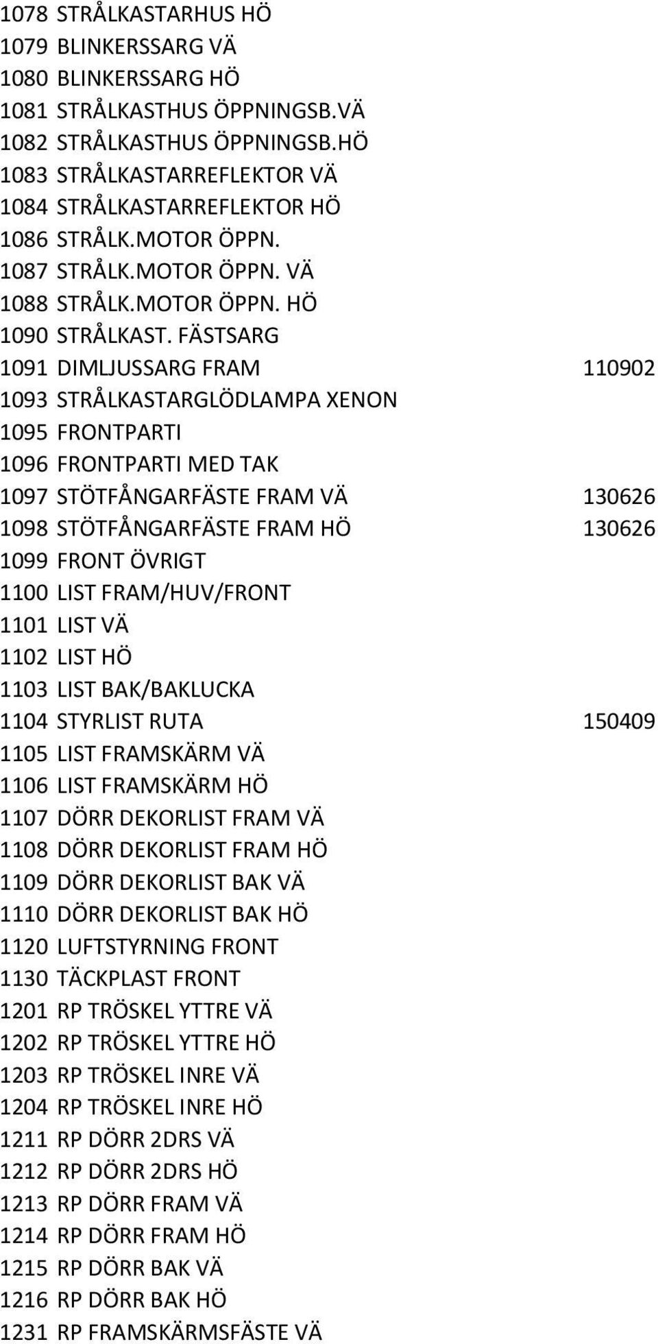 FÄSTSARG 1091 DIMLJUSSARG FRAM 110902 1093 STRÅLKASTARGLÖDLAMPA XENON 1095 FRONTPARTI 1096 FRONTPARTI MED TAK 1097 STÖTFÅNGARFÄSTE FRAM VÄ 130626 1098 STÖTFÅNGARFÄSTE FRAM HÖ 130626 1099 FRONT ÖVRIGT