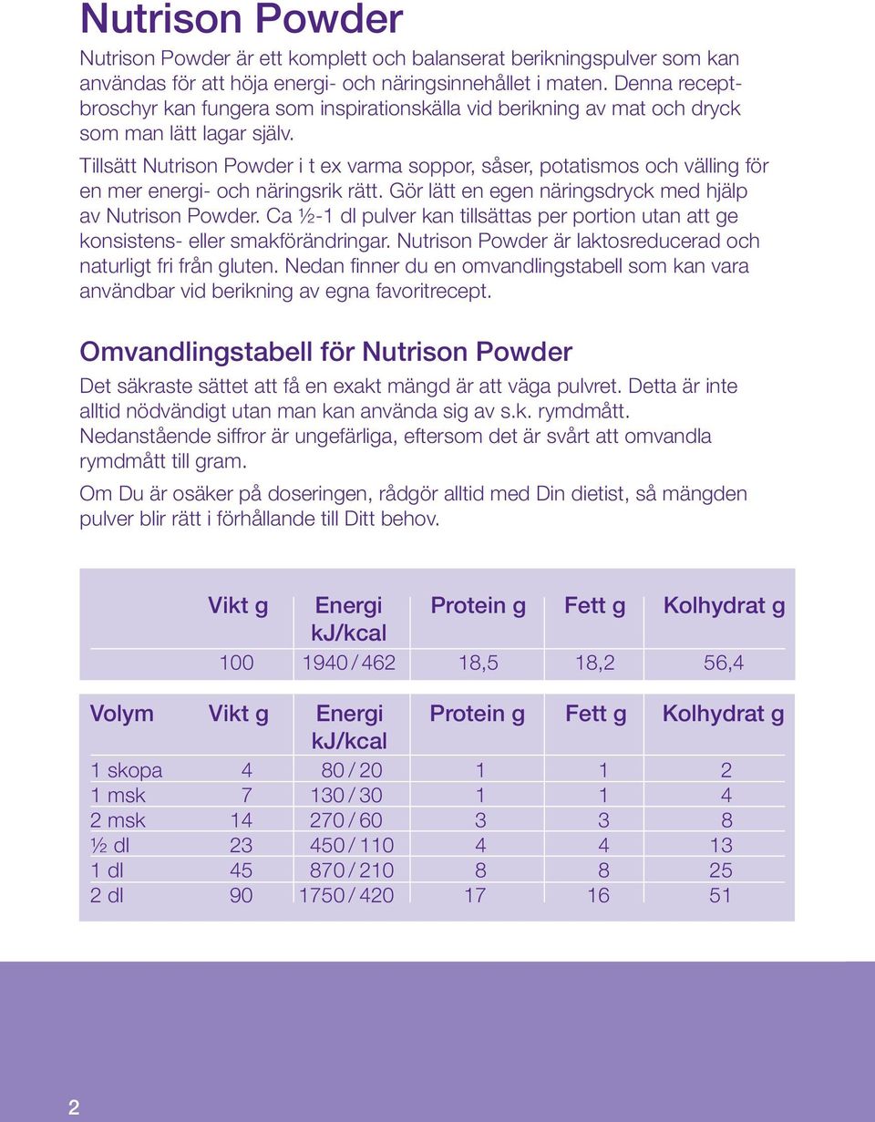Tillsätt Nutrison Powder i t ex varma soppor, såser, potatismos och välling för en mer energi- och näringsrik rätt. Gör lätt en egen näringsdryck med hjälp av Nutrison Powder.