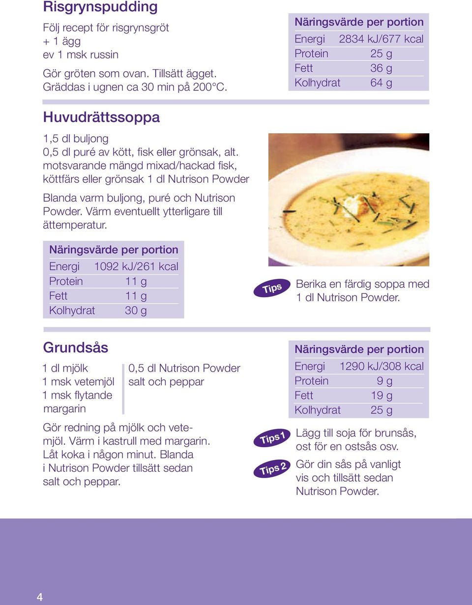 motsvarande mängd mixad/hackad fisk, köttfärs eller grönsak 1 dl Nutrison Powder Blanda varm buljong, puré och Nutrison Powder. Värm eventuellt ytterligare till ättemperatur.