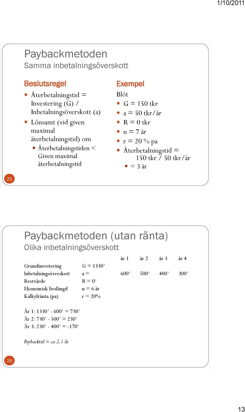 Återbetalningstid = 150 tkr / 50 tkr/år = 3 år 25 Paybackmetoden (utan ränta) Olika inbetalningsöverskott år 1 år 2 år 3 år 4 Grundinvestering G = 1330