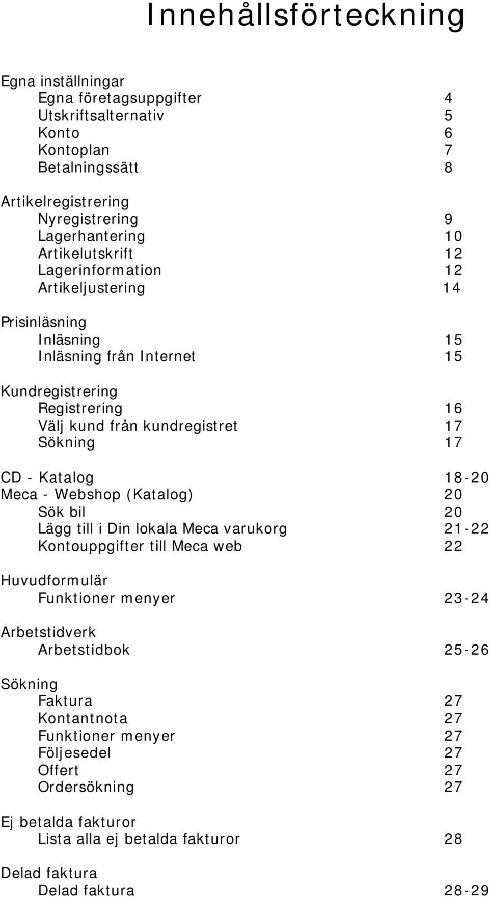 CD - Katalog 18-20 Meca - Webshop (Katalog) 20 Sök bil 20 Lägg till i Din lokala Meca varukorg 21-22 Kontouppgifter till Meca web 22 Huvudformulär Funktioner menyer 23-24 Arbetstidverk