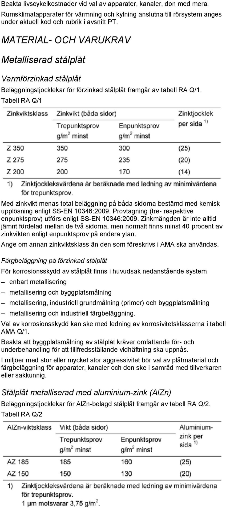 Tabell RA Q/1 Med zinkvikt menas total beläggning på båda sidorna bestämd med kemisk upplösning enligt SS-EN 10346:2009. Provtagning (tre- respektive enpunktsprov) utförs enligt SS-EN 10346:2009.