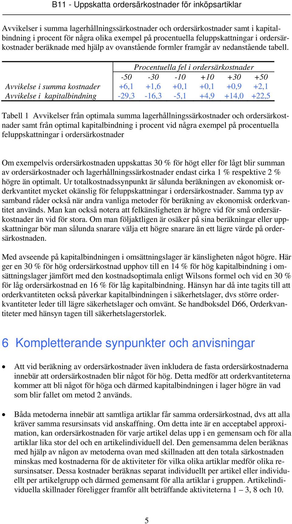 Procentuella fel i ordersärkostnader -50-30 -10 +10 +30 +50 Avvikelse i summa kostnader +6,1 +1,6 +0,1 +0,1 +0,9 +2,1 Avvikelse i kapitalbindning -29,3-16,3-5,1 +4,9 +14,0 +22,5 Tabell 1 Avvikelser
