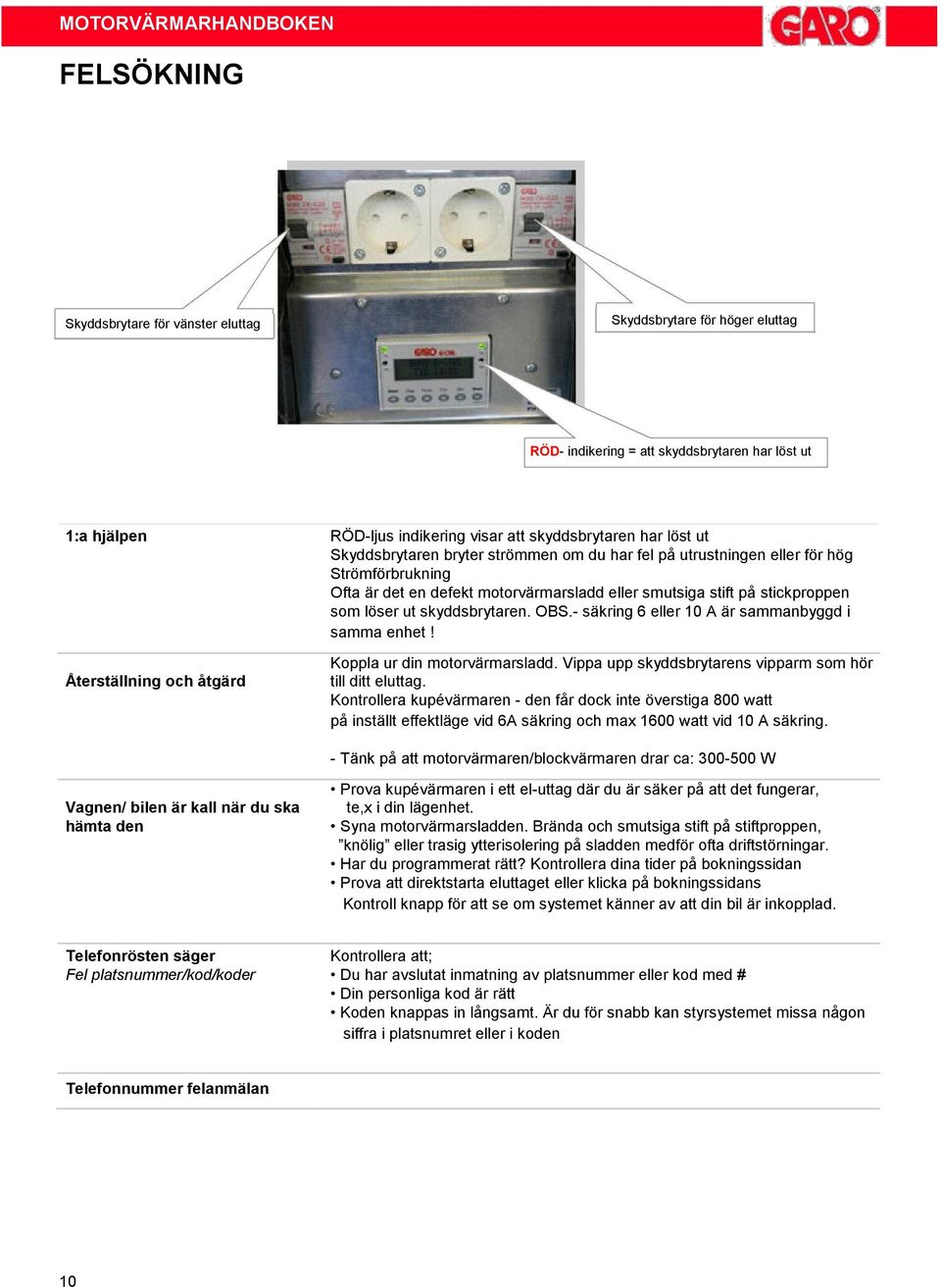 OBS.- säkring 6 eller 10 A är sammanbyggd i samma enhet! Återställning och åtgärd Koppla ur din motorvärmarsladd. Vippa upp skyddsbrytarens vipparm som hör till ditt eluttag.