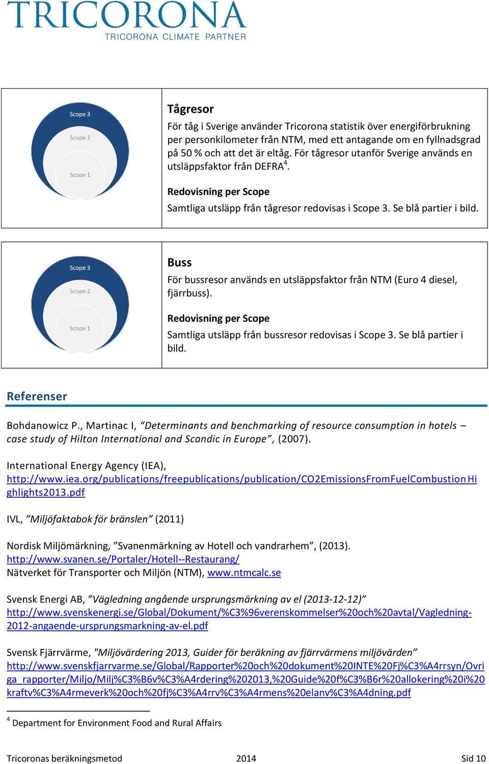 Buss För bussresor används en utsläppsfaktor från NTM (Euro 4 diesel, fjärrbuss). Samtliga utsläpp från bussresor redovisas i Scope 3. Se blå partier i bild. Referenser Bohdanowicz P.