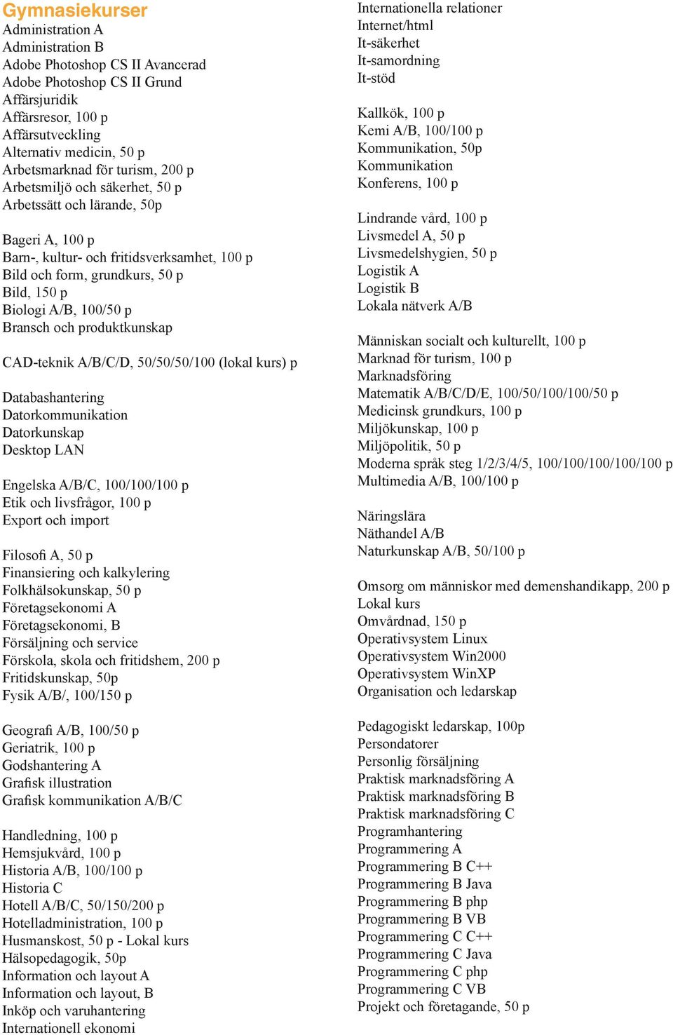 p Bransch och produktkunskap CAD-teknik A/B/C/D, 50/50/50/100 (lokal kurs) p Databashantering Datorkommunikation Datorkunskap Desktop LAN Engelska A/B/C, 100/100/100 p Etik och livsfrågor, 100 p