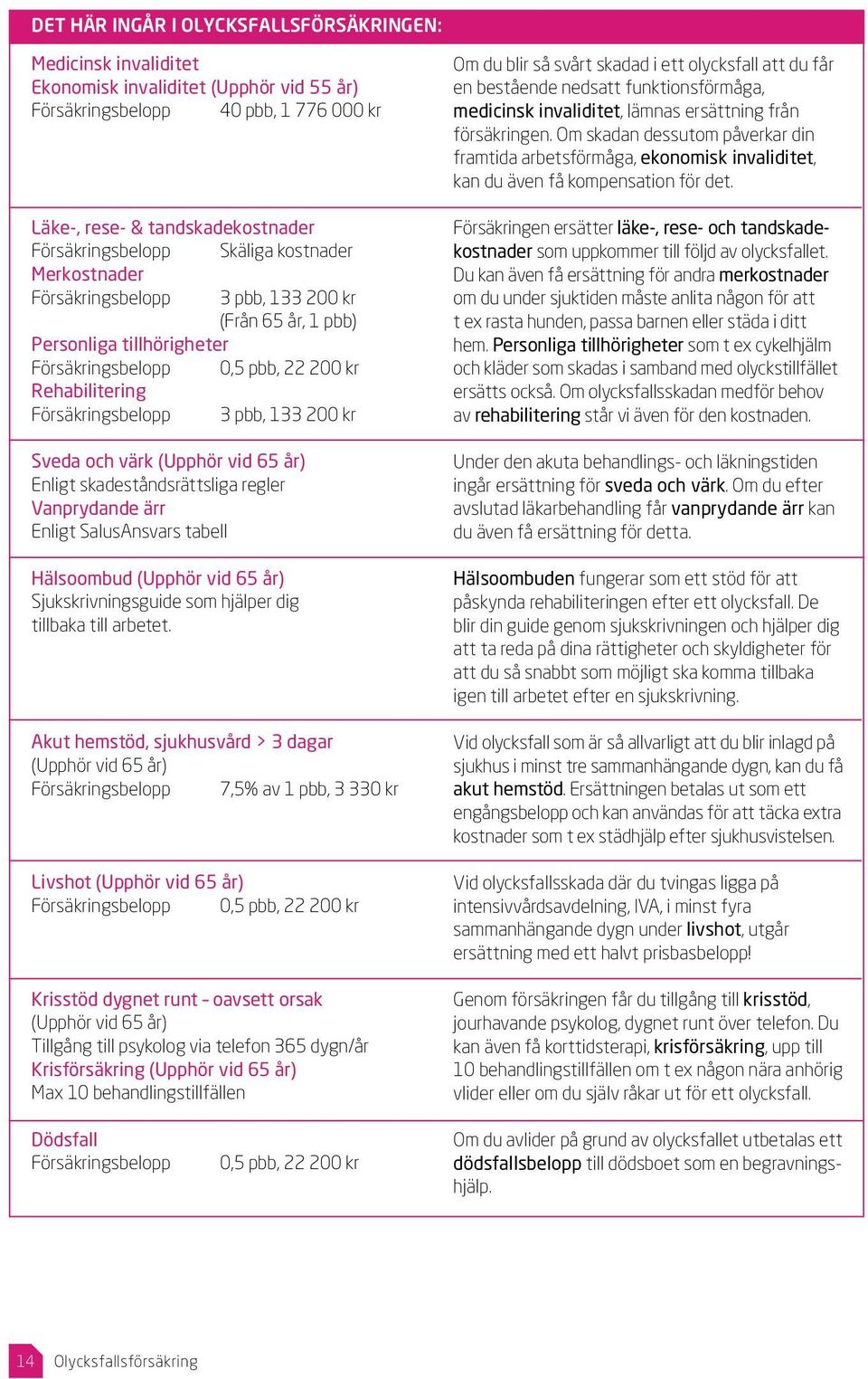 kr Sveda och värk (Upphör vid 65 år) Enligt skadeståndsrättsliga regler Vanprydande ärr Enligt SalusAnsvars tabell Hälsoombud (Upphör vid 65 år) Sjukskrivningsguide som hjälper dig tillbaka till