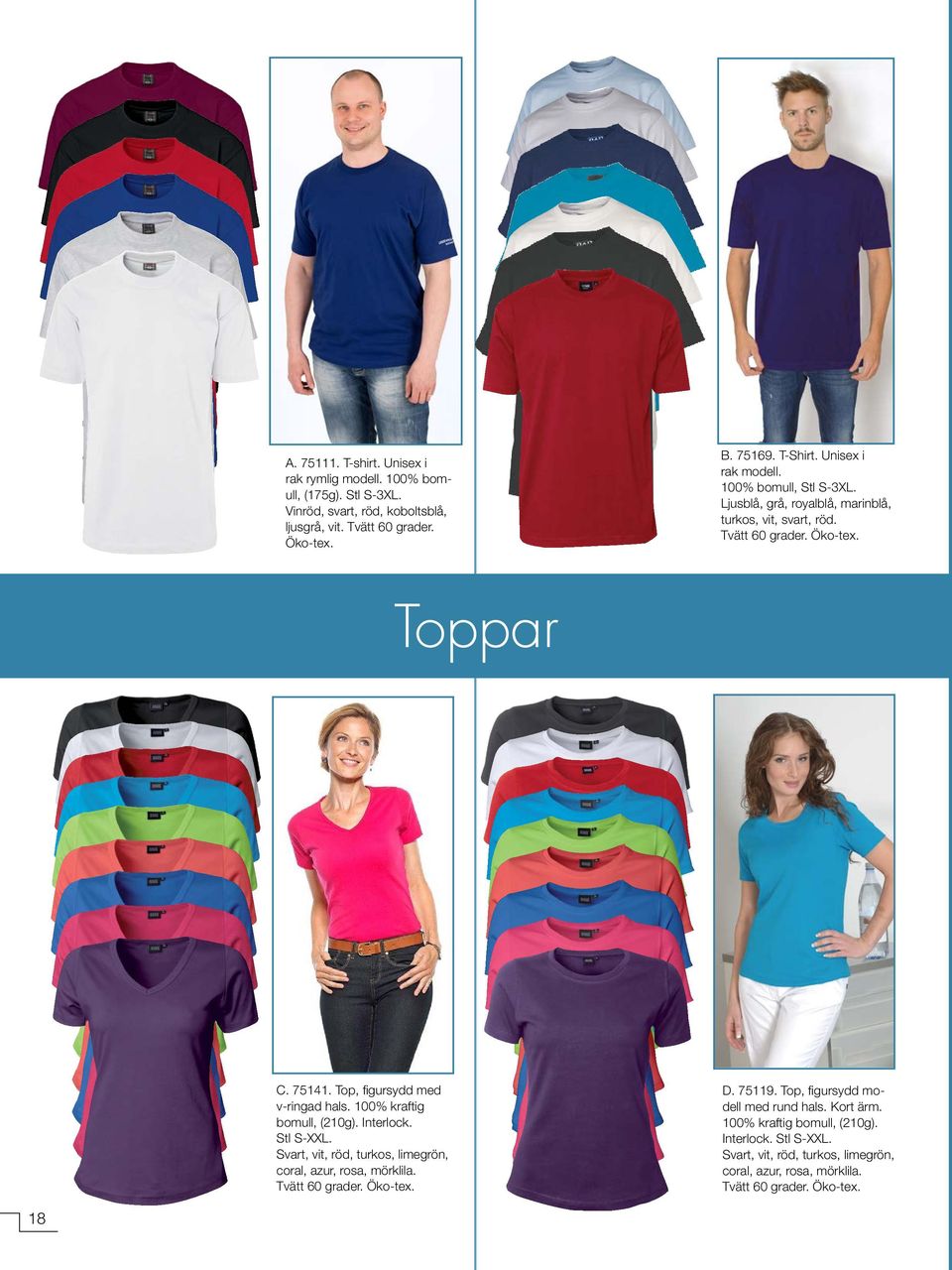 Top, figursydd med v-ringad hals. 100% kraftig bomull, (210g). Interlock. Stl S-XXL. Svart, vit, röd, turkos, limegrön, coral, azur, rosa, mörklila.