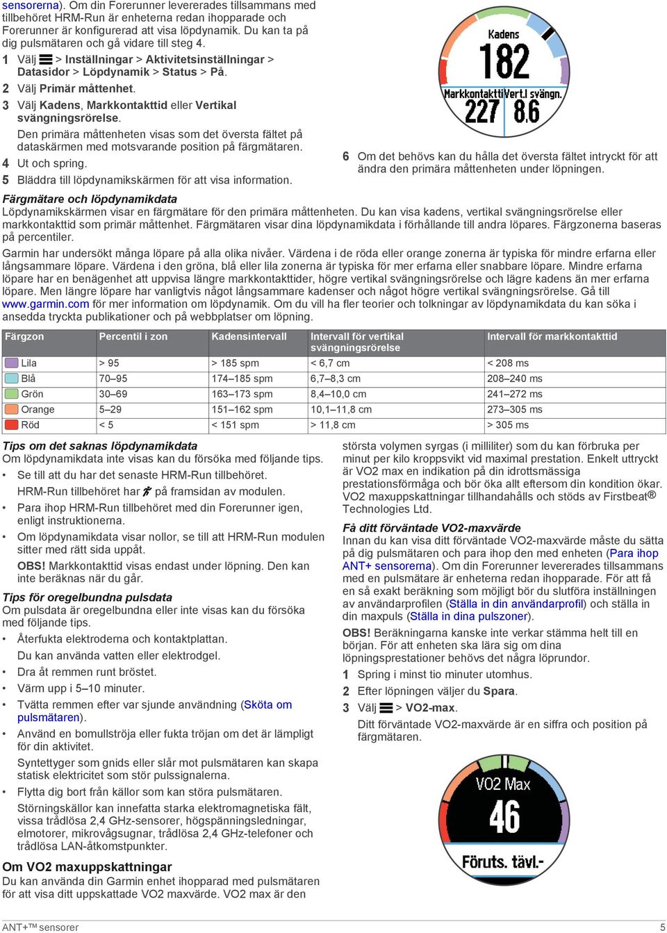 3 Välj Kadens, Markkontakttid eller Vertikal svängningsrörelse. Den primära måttenheten visas som det översta fältet på dataskärmen med motsvarande position på färgmätaren. 4 Ut och spring.