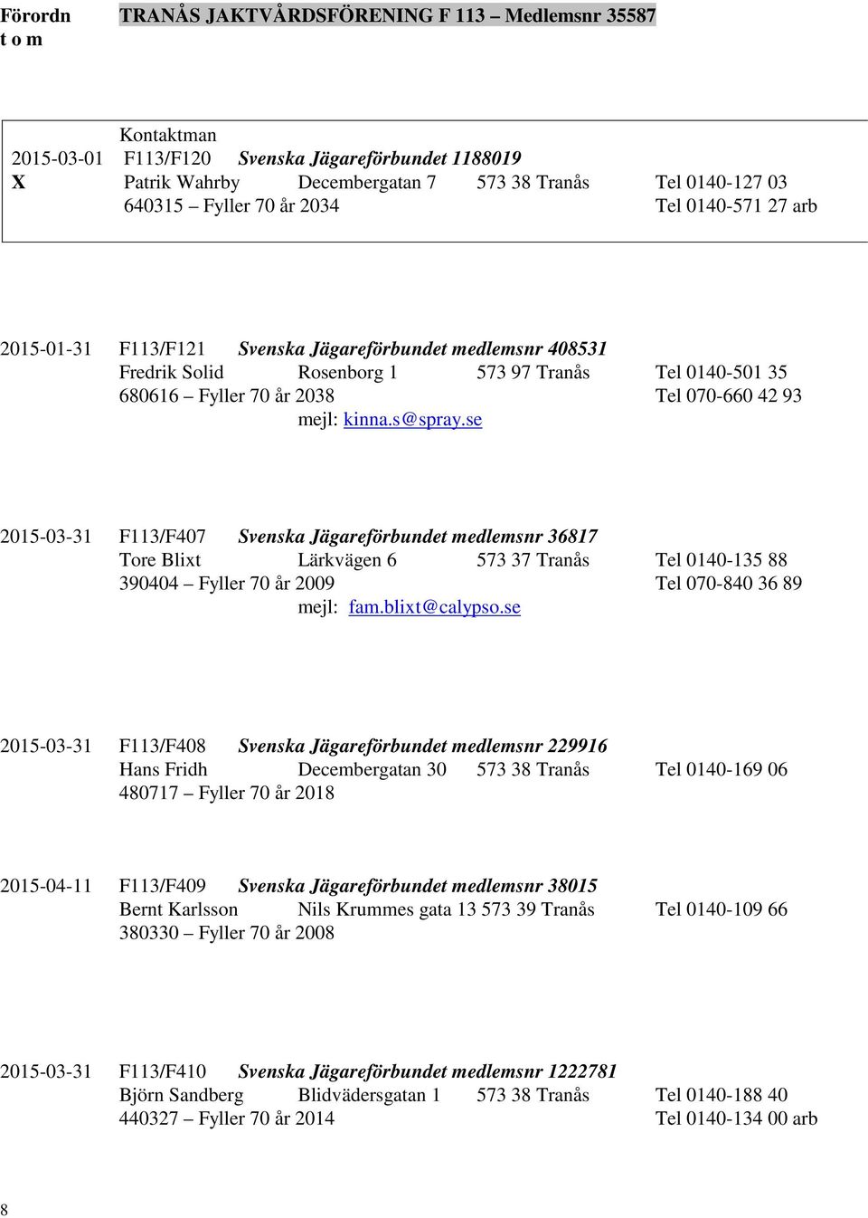 se 2015-03-31 F113/F407 Svenska Jägareförbundet medlemsnr 36817 Tore Blixt Lärkvägen 6 573 37 Tranås Tel 0140-135 88 390404 Fyller 70 år 2009 Tel 070-840 36 89 mejl: fam.blixt@calypso.