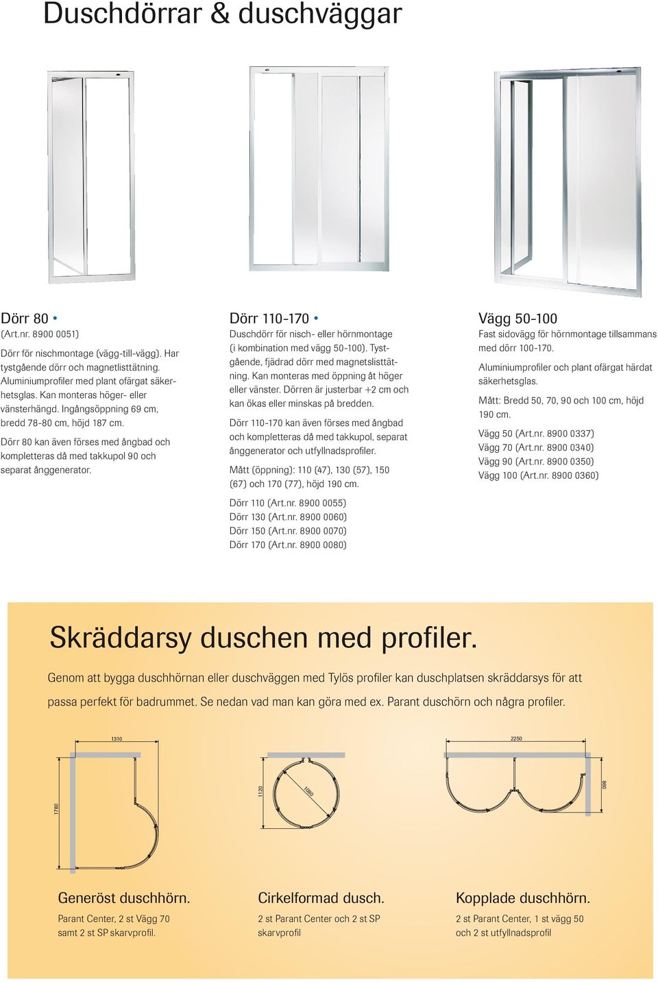 Dörr 110-170 Duschdörr för nisch- eller hörnmontage (i kombination med vägg 50-100). Tystgående, fjädrad dörr med magnetslisttätning. Kan monteras med öppning åt höger eller vänster.