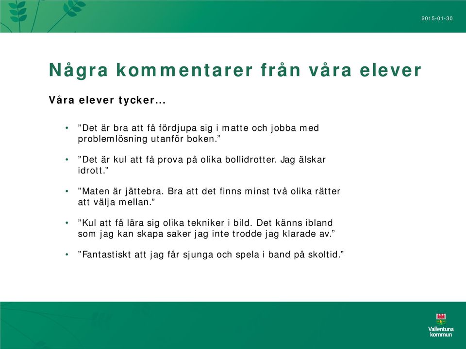 Det är kul att få prova på olika bollidrotter. Jag älskar idrott. Maten är jättebra.