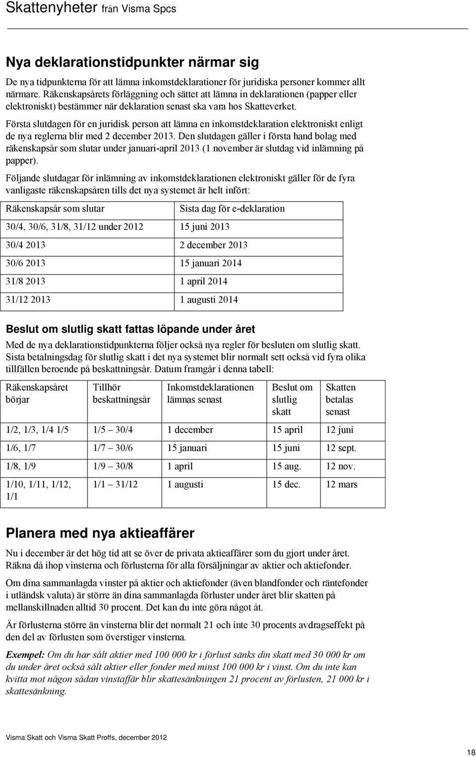 Första slutdagen för en juridisk person att lämna en inkomstdeklaration elektroniskt enligt de nya reglerna blir med 2 december 2013.