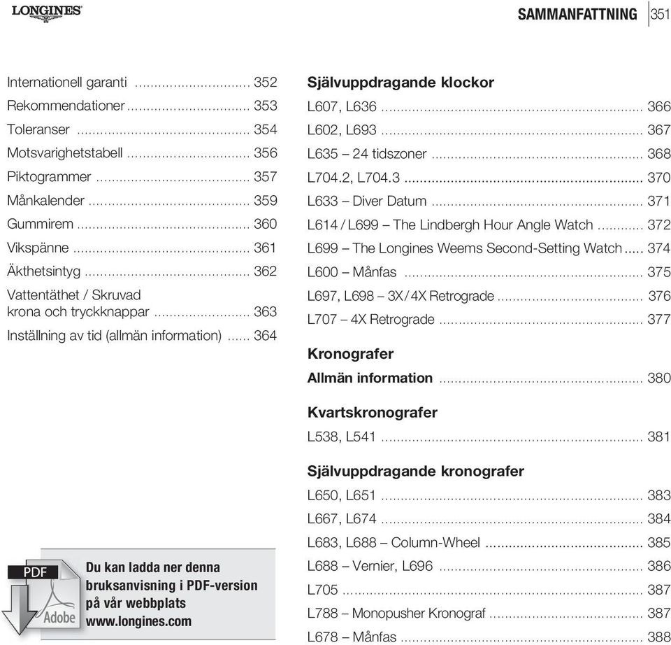 .. 367 L635 24 tidszoner... 368 L704.2, L704.3... 370 L633 Diver Datum... 371 L614 / L699 The Lindbergh Hour Angle Watch... 372 L699 The Longines Weems Second-Setting Watch... 374 L600 Månfas.