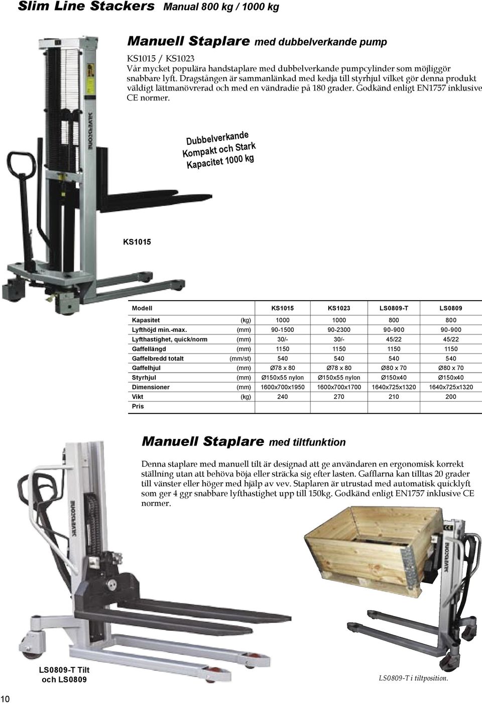 Dubbelverkande Kompakt och Stark Kapacitet 1000 kg KS1015 Modell KS1015 KS1023 LS0809-T LS0809 Kapasitet (kg) 1000 1000 800 800 Lyfthöjd min.-max.