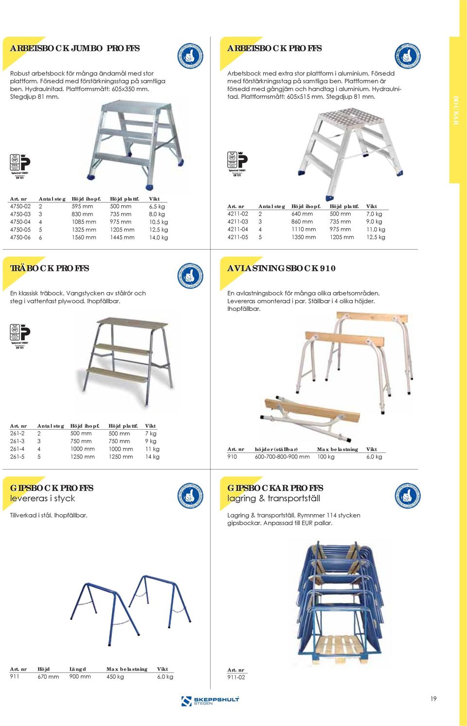 Plattformsmått: 605x515 mm. Stegdjup 81 mm. BOCKAR 475002 475003 475004 475005 475006 Antal steg 2 3 4 5 6 Höjd ihopf. 595 mm 830 mm 1085 mm 1325 mm 1560 mm Höjd plattf.