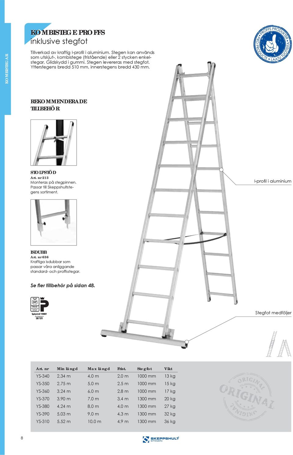 Ipro l i aluminium ISDUBB 636 Kraftiga isdubbar som passar våra anliggande standard och proffsstegar. Stegfot medföljer Min längd Max längd Frist.