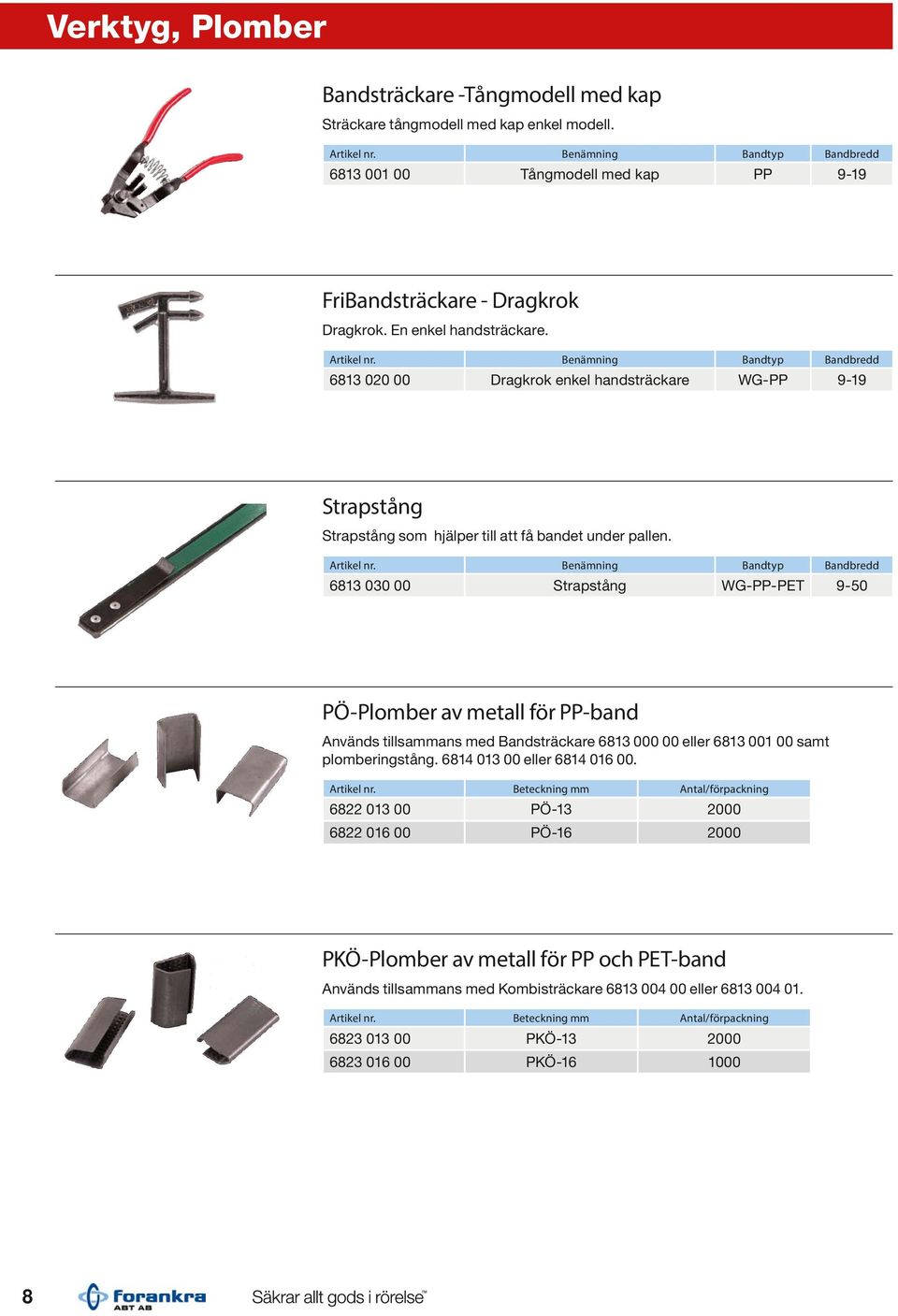Benämning Bandtyp Bandbredd 6813 030 00 Strapstång WG-PP-PET 9-50 PÖ-Plomber av metall för PP-band Används tillsammans med Bandsträckare 6813 000 00 eller 6813 001 00 samt plomberingstång.