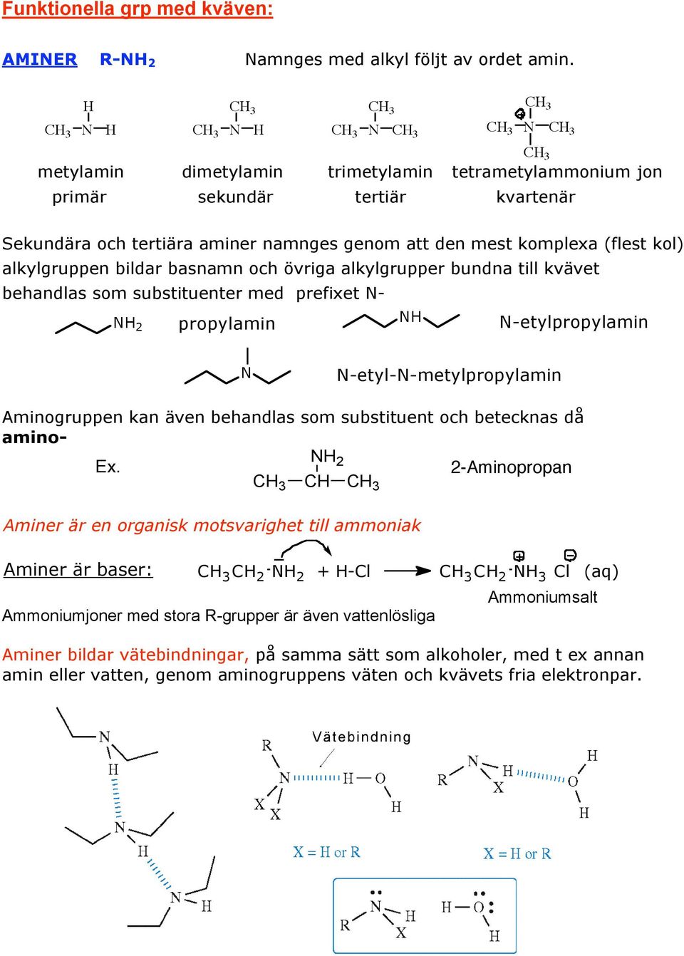 med prefixet - 2 propylamin -etylpropylamin -etyl--metylpropylamin Aminogruppen kan även behandlas som substituent och betecknas då amino- Ex.