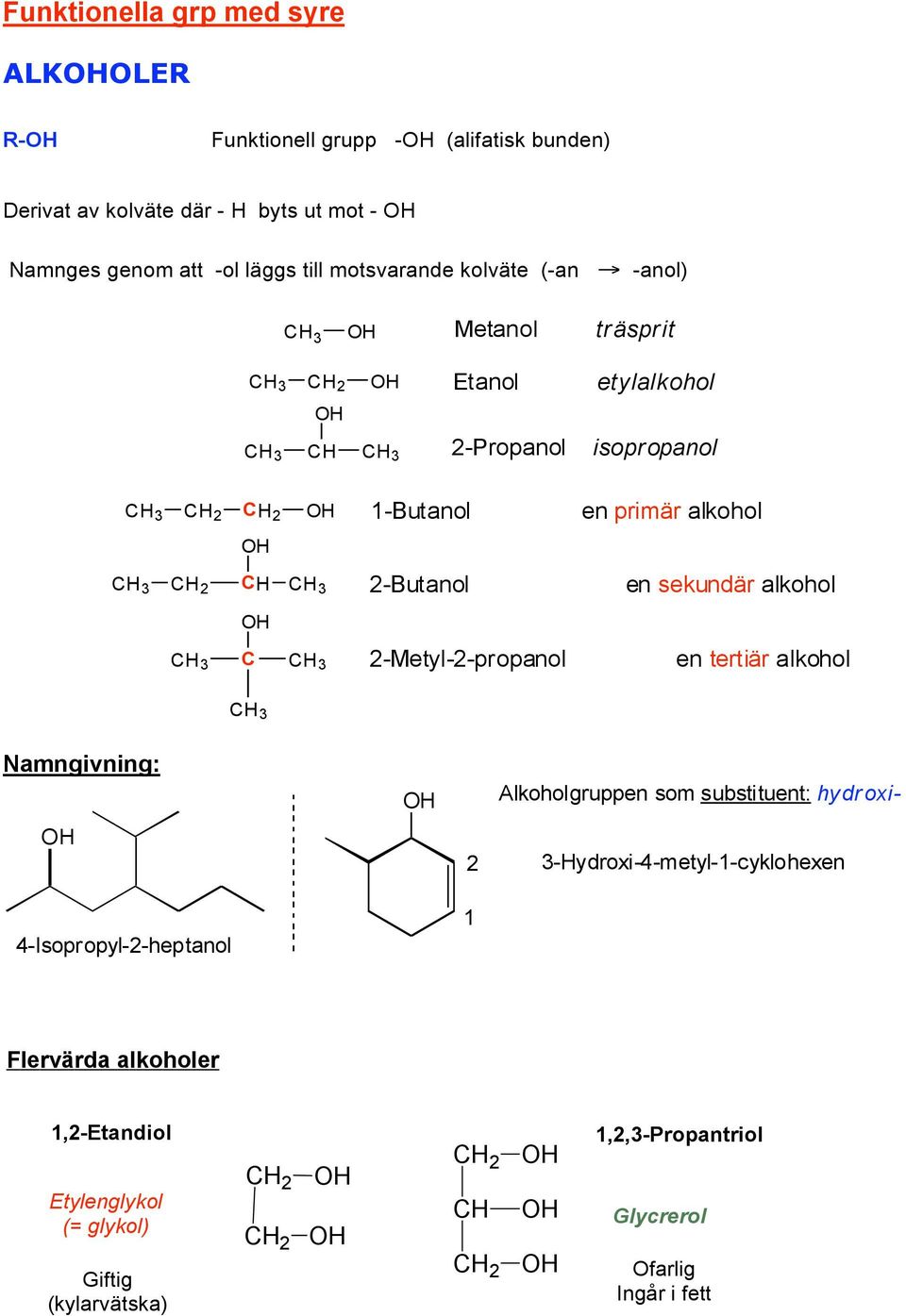 2-Butanol en sekundär alkohol 3 3 2-Metyl-2-propanol en tertiär alkohol 3 amngivning: Alkoholgruppen som substituent: hy dr oxi- 2