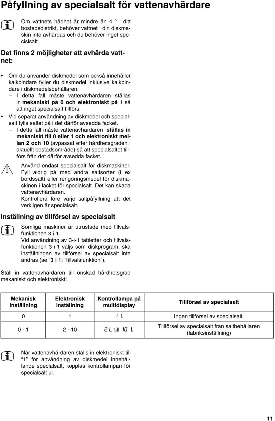 I detta fall måste vattenavhärdaren ställas in mekaniskt på 0 och elektroniskt på 1 så att inget specialsalt tillförs.