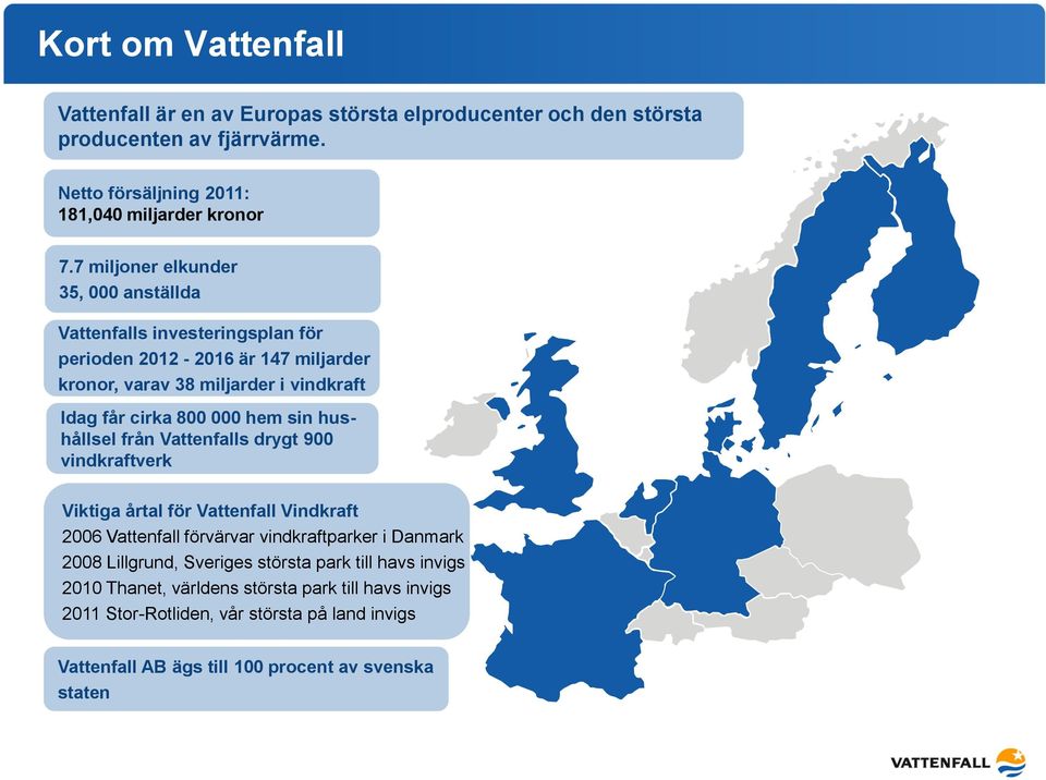 sin hushållsel från Vattenfalls drygt 900 vindkraftverk Viktiga årtal för Vattenfall Vindkraft 2006 Vattenfall förvärvar vindkraftparker i Danmark 2008 Lillgrund, Sveriges