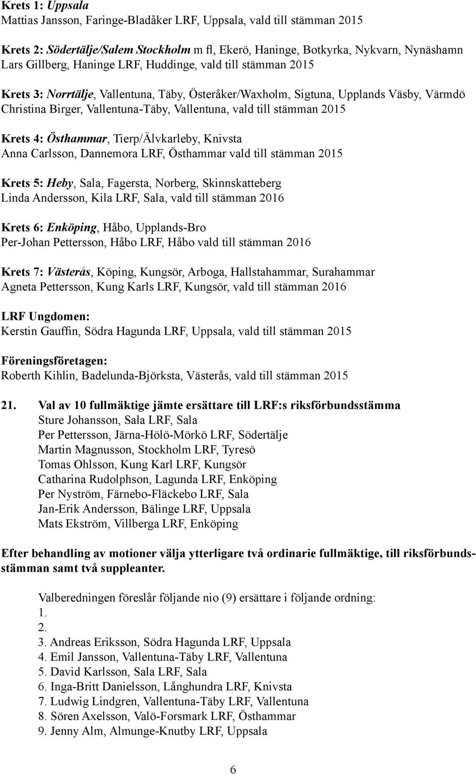 4: Östhammar, Tierp/Älvkarleby, Knivsta Anna Carlsson, Dannemora LRF, Östhammar vald till stämman 2015 Krets 5: Heby, Sala, Fagersta, Norberg, Skinnskeberg Linda Andersson, Kila LRF, Sala, vald till