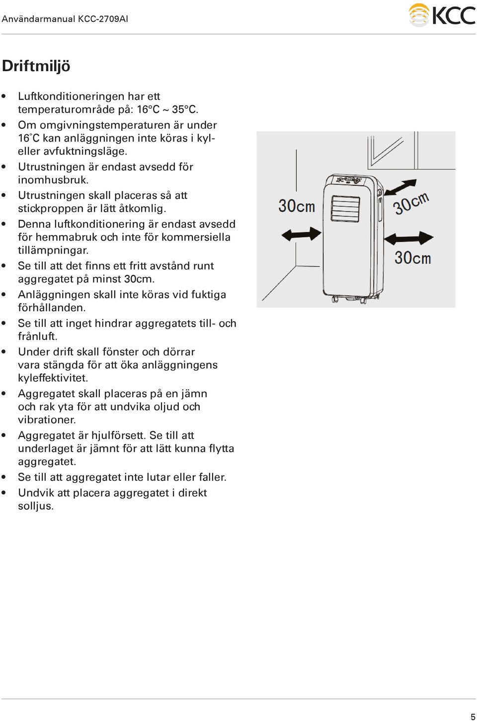 Denna luftkonditionering är endast avsedd för hemmabruk och inte för kommersiella tillämpningar. Se till att det finns ett fritt avstånd runt aggregatet på minst 30cm.