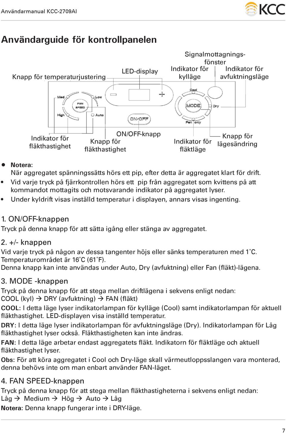 Vid varje tryck på fjärrkontrollen hörs ett pip från aggregatet som kvittens på att kommandot mottagits och motsvarande indikator på aggregatet lyser.