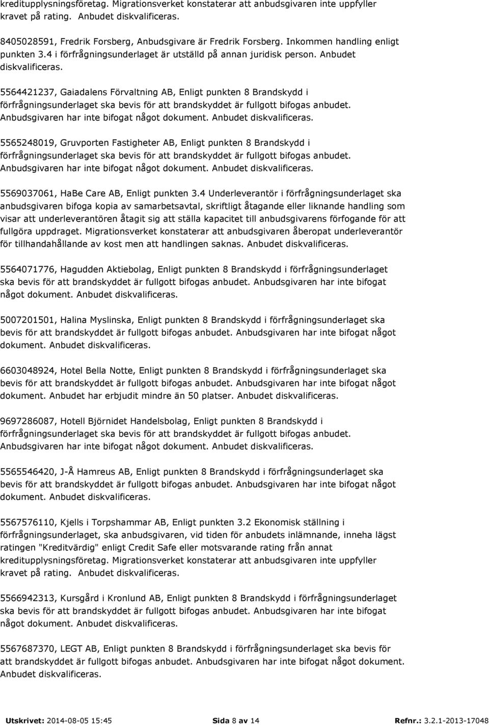 5564421237, Gaiadalens Förvaltning AB, Enligt punkten 8 Brandskydd i 5565248019, Gruvporten Fastigheter AB, Enligt punkten 8 Brandskydd i 5569037061, HaBe Care AB, Enligt punkten 3.