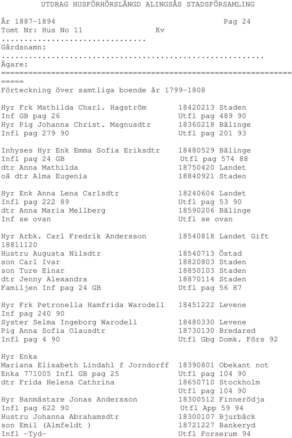 18840921 Staden Hyr Enk Anna Lena Carlsdtr 18240604 Landet Infl pag 222 89 Utfl pag 53 90 dtr Anna Maria Mellberg 18590206 Bälinge Inf se ovan Utfl se ovan Hyr Arbk.