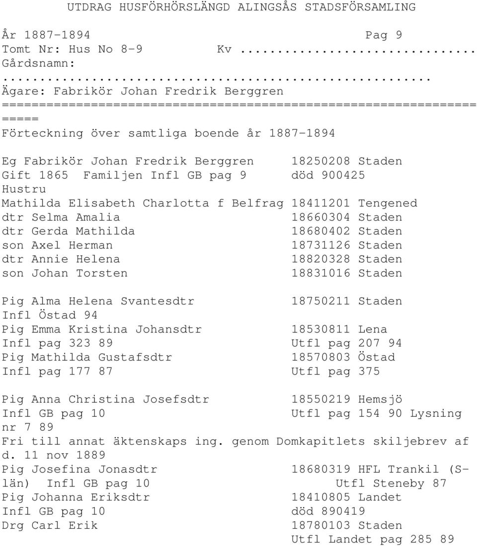 dtr Selma Amalia 18660304 Staden dtr Gerda Mathilda 18680402 Staden son Axel Herman 18731126 Staden dtr Annie Helena 18820328 Staden son Johan Torsten 18831016 Staden Pig Alma Helena Svantesdtr