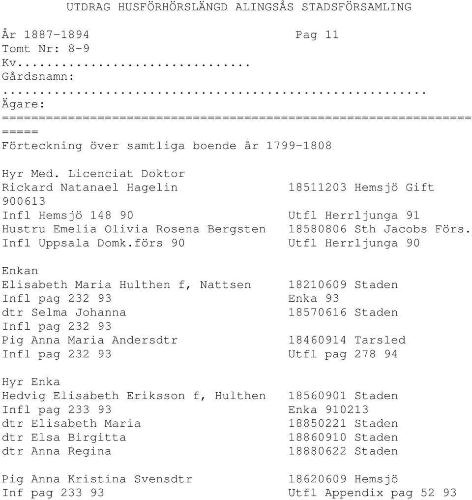 förs 90 Utfl Herrljunga 90 Enkan Elisabeth Maria Hulthen f, Nattsen 18210609 Staden Infl pag 232 93 Enka 93 dtr Selma Johanna 18570616 Staden Infl pag 232 93 Pig Anna Maria Andersdtr 18460914