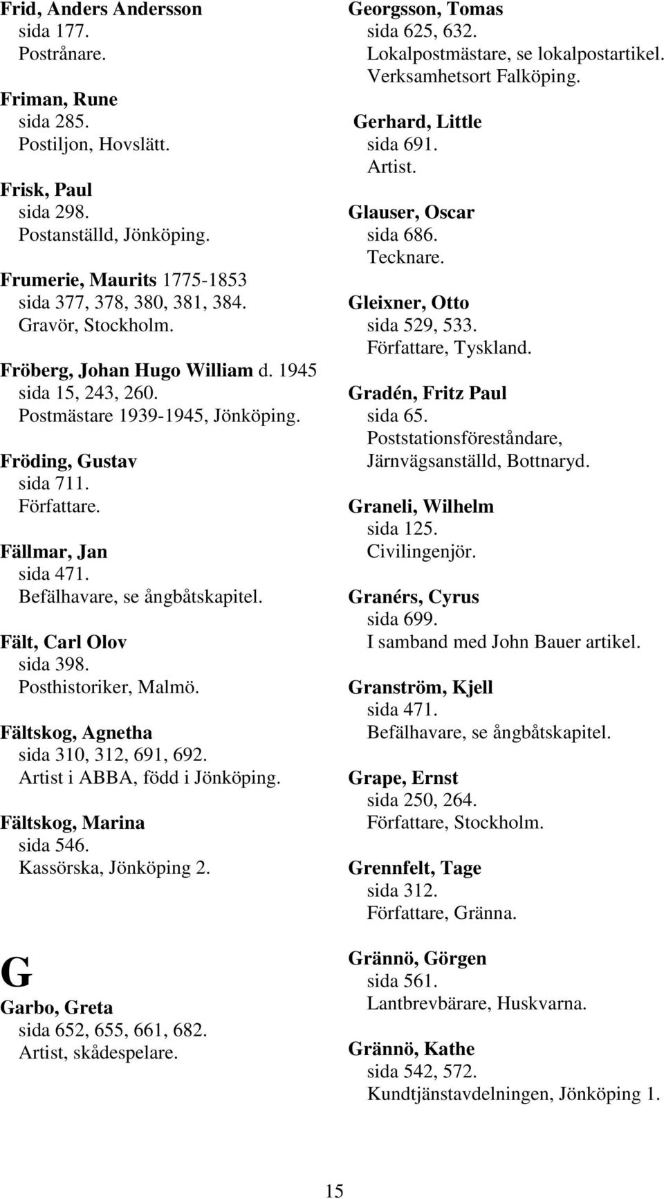 Fältskog, Agnetha sida 310, 312, 691, 692. Artist i ABBA, född i Fältskog, Marina sida 546. Kassörska, Jönköping 2. G Garbo, Greta sida 652, 655, 661, 682. Artist, skådespelare.